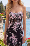 Vestido de Homecoming com Espartilho Transparente com Flor Preto Cor-Rosa