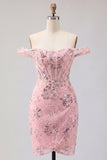 Vestido de Homecoming Bodycon Corset transparente com blush ombro descoberto e lantejoulas