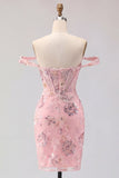 Vestido de Homecoming Bodycon Corset transparente com blush ombro descoberto e lantejoulas