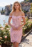 Vestido de Homecoming Bodycon Corset transparente com blush ombro descoberto e lantejoulas