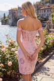 Vestido de Homecoming Bodycon Corset transparente com blush ombro descoberto e lantejoulas