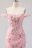 Vestido de Homecoming Bodycon Corset transparente com blush ombro descoberto e lantejoulas