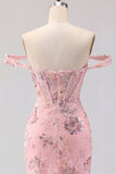 Vestido de Homecoming Bodycon Corset transparente com blush ombro descoberto e lantejoulas