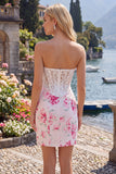 Vestido de Homecoming em Espartilho Transparente com Flor Fúcsia Branca