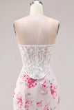 Vestido de Homecoming em Espartilho Transparente com Flor Fúcsia Branca