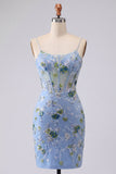 Vestido de Homecoming com Corset Transparente Floral Bordado Azul Bodycon