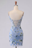 Vestido de Homecoming com Corset Transparente Floral Bordado Azul Bodycon
