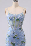 Vestido de Homecoming com Corset Transparente Floral Bordado Azul Bodycon