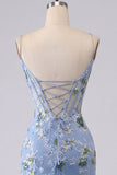 Vestido de Homecoming com Corset Transparente Floral Bordado Azul Bodycon