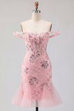 Blush Off the Shoulder Bodycon Corset Floral Transparente Vestido de Lantejoulas Homecoming com folhos