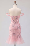 Blush Off the Shoulder Bodycon Corset Floral Transparente Vestido de Lantejoulas Homecoming com folhos