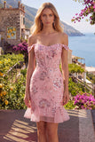 Blush Off the Shoulder Bodycon Corset Floral Transparente Vestido de Lantejoulas Homecoming com folhos