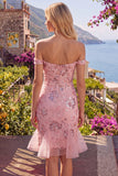 Blush Off the Shoulder Bodycon Corset Floral Transparente Vestido de Lantejoulas Homecoming com folhos