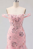 Blush Off the Shoulder Bodycon Corset Floral Transparente Vestido de Lantejoulas Homecoming com folhos