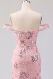 Blush Off the Shoulder Bodycon Corset Floral Transparente Vestido de Lantejoulas Homecoming com folhos