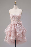 Vestido de Regresso a Casa Floral Corset A-Line Rosa com Laço
