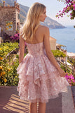 Vestido de Regresso a Casa Floral Corset A-Line Rosa com Laço