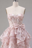 Vestido de Regresso a Casa Floral Corset A-Line Rosa com Laço