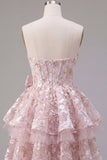 Vestido de Regresso a Casa Floral Corset A-Line Rosa com Laço