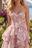 Vestido de Regresso a Casa Floral Corset A-Line Rosa com Laço