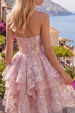 Vestido de Regresso a Casa Floral Corset A-Line Rosa com Laço