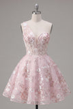 Vestido de Regresso a Casa Rosa A-Line com Um Ombro e Flores