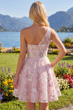 Vestido de Regresso a Casa Rosa A-Line com Um Ombro e Flores