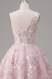 Vestido de Regresso a Casa Rosa A-Line com Um Ombro e Flores