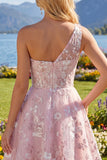 Vestido de Regresso a Casa Rosa A-Line com Um Ombro e Flores
