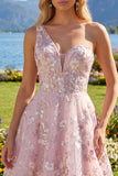 Vestido de Regresso a Casa Rosa A-Line com Um Ombro e Flores