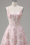 Vestido de regresso a casa, corset cor-decote quadrado cor-decote cor-de-rosa A-Line