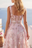 Vestido de regresso a casa, corset cor-decote quadrado cor-decote cor-de-rosa A-Line