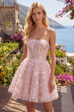 Vestido de Regresso a Casa Floral Corset A-Line Corse-de-Rosa Sem Alças