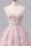Vestido de Regresso a Casa Floral Corset A-Line Corse-de-Rosa Sem Alças