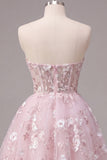 Vestido de Regresso a Casa Floral Corset A-Line Corse-de-Rosa Sem Alças
