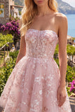 Vestido de Regresso a Casa Floral Corset A-Line Corse-de-Rosa Sem Alças