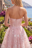 Vestido de Regresso a Casa Floral Corset A-Line Corse-de-Rosa Sem Alças