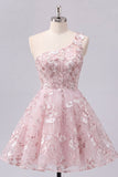 Vestido de Regresso a Casa Floral Linha A Corselado Corselado Rosa de Um Ombro