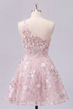 Vestido de Regresso a Casa Floral Linha A Corselado Corselado Rosa de Um Ombro