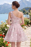 Vestido de Regresso a Casa Floral Linha A Corselado Corselado Rosa de Um Ombro
