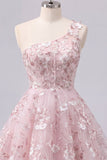 Vestido de Regresso a Casa Floral Linha A Corselado Corselado Rosa de Um Ombro