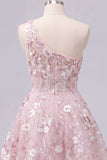 Vestido de Regresso a Casa Floral Linha A Corselado Corselado Rosa de Um Ombro