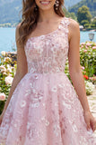 Vestido de Regresso a Casa Floral Linha A Corselado Corselado Rosa de Um Ombro