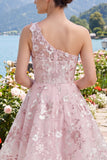 Vestido de Regresso a Casa Floral Linha A Corselado Corselado Rosa de Um Ombro