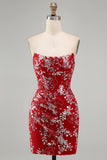 Vestido de Homecoming Sem Alças, Vermelho Vermelho Justo, Curto, Missanga, Franzido, Floral, Sem Alças.