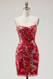 Vestido de Homecoming Sem Alças, Vermelho Vermelho Justo, Curto, Missanga, Franzido, Floral, Sem Alças.