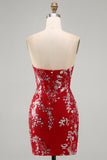 Vestido de Homecoming Sem Alças, Vermelho Vermelho Justo, Curto, Missanga, Franzido, Floral, Sem Alças.