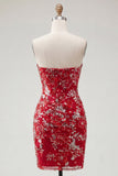 Vestido de Homecoming Sem Alças, Vermelho Vermelho Justo, Curto, Missanga, Franzido, Floral, Sem Alças.