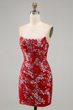 Vestido de Homecoming Sem Alças, Vermelho Vermelho Justo, Curto, Missanga, Franzido, Floral, Sem Alças.