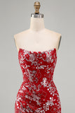 Vestido de Homecoming Sem Alças, Vermelho Vermelho Justo, Curto, Missanga, Franzido, Floral, Sem Alças.